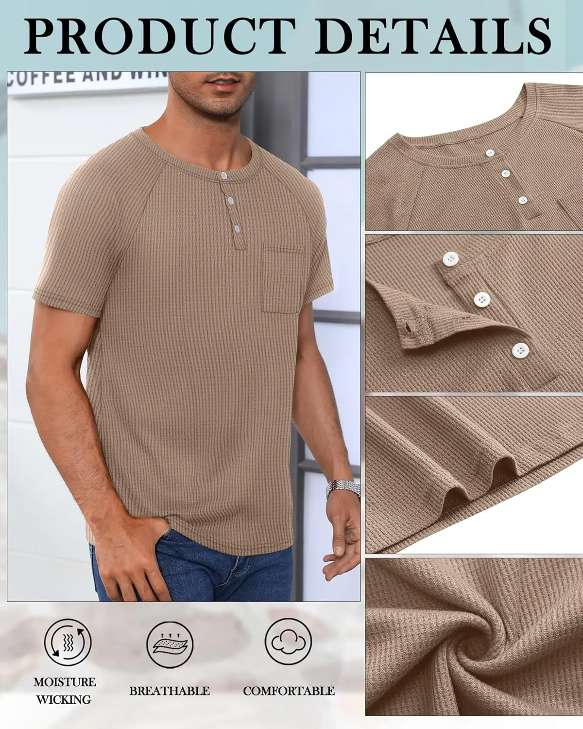 3 Pack Men's Waffle Knit Shirts Raglan Short Sleeve T Shirts with Pocket Casual Tops