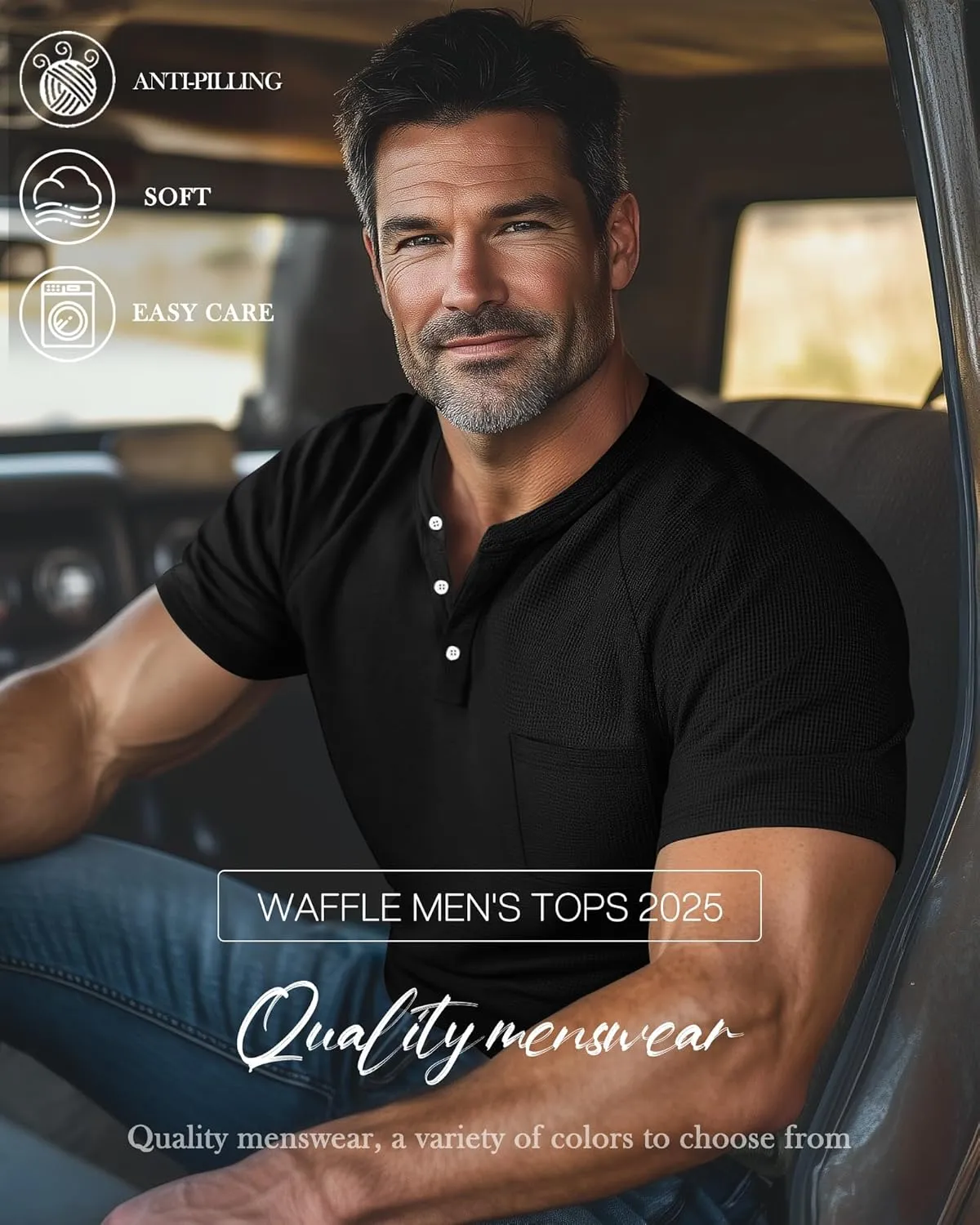 3 Pack Men's Waffle Knit Shirts Raglan Short Sleeve T Shirts with Pocket Casual Tops
