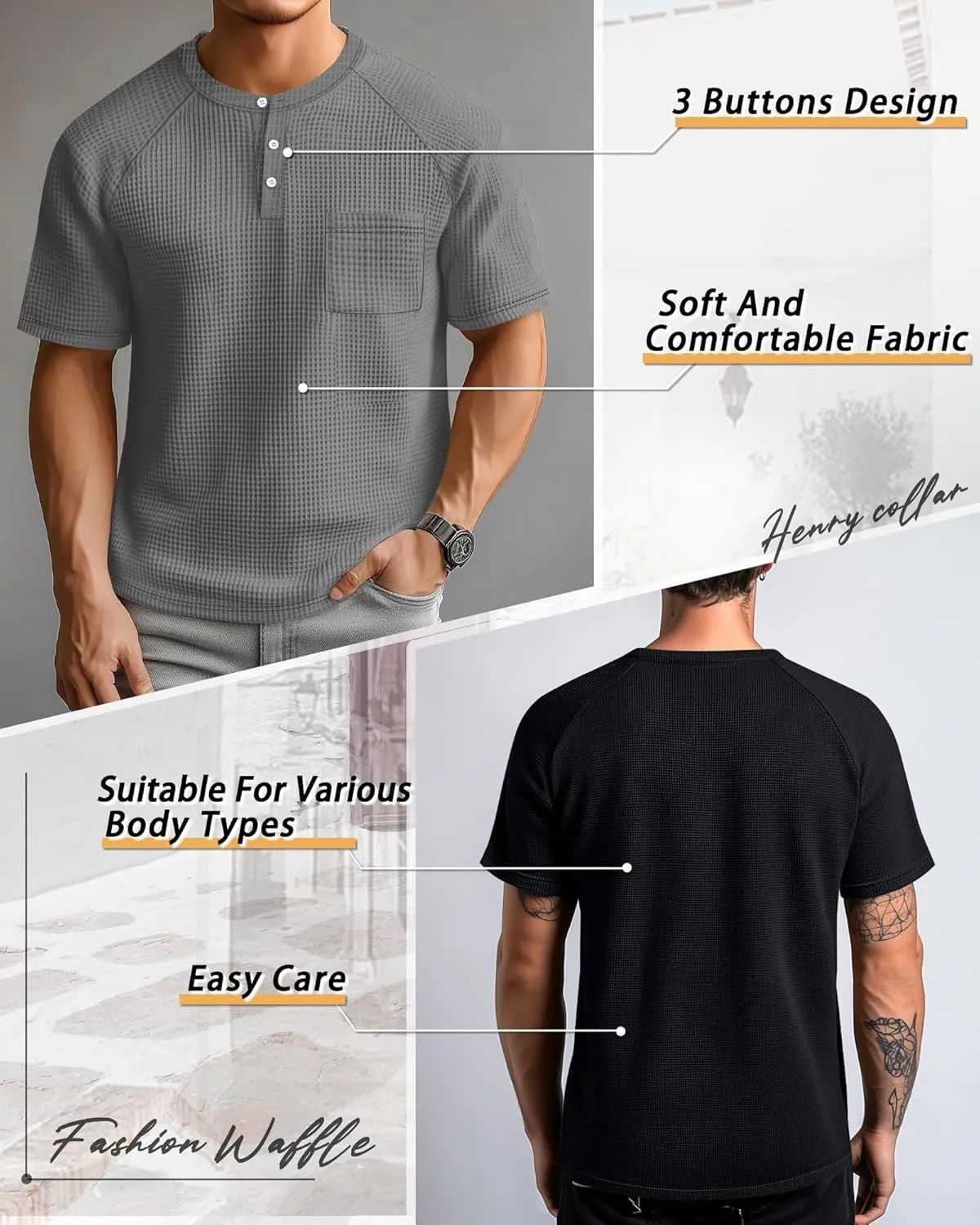 3 Pack Men's Waffle Knit Shirts Raglan Short Sleeve T Shirts with Pocket Casual Tops