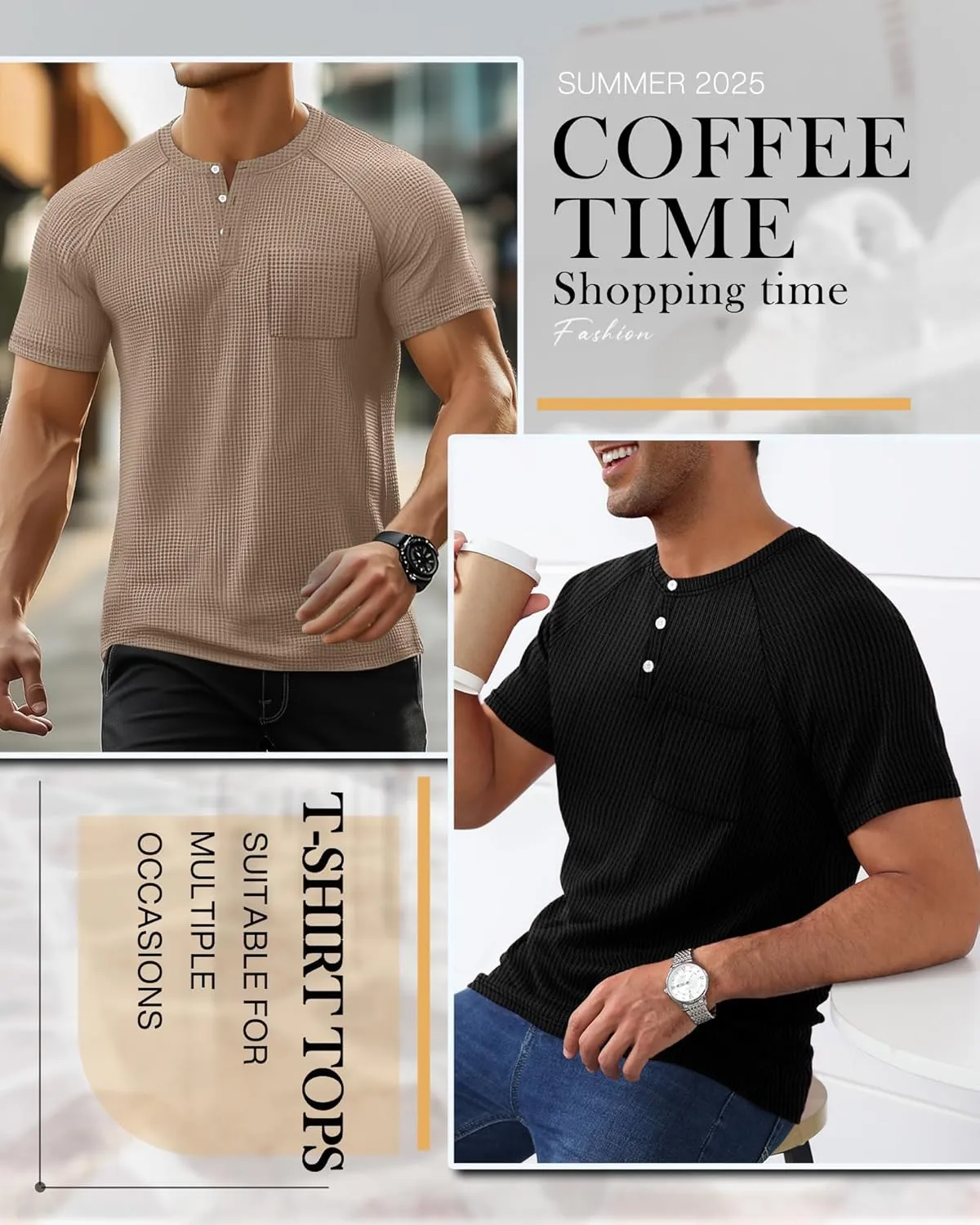 3 Pack Men's Waffle Knit Shirts Raglan Short Sleeve T Shirts with Pocket Casual Tops