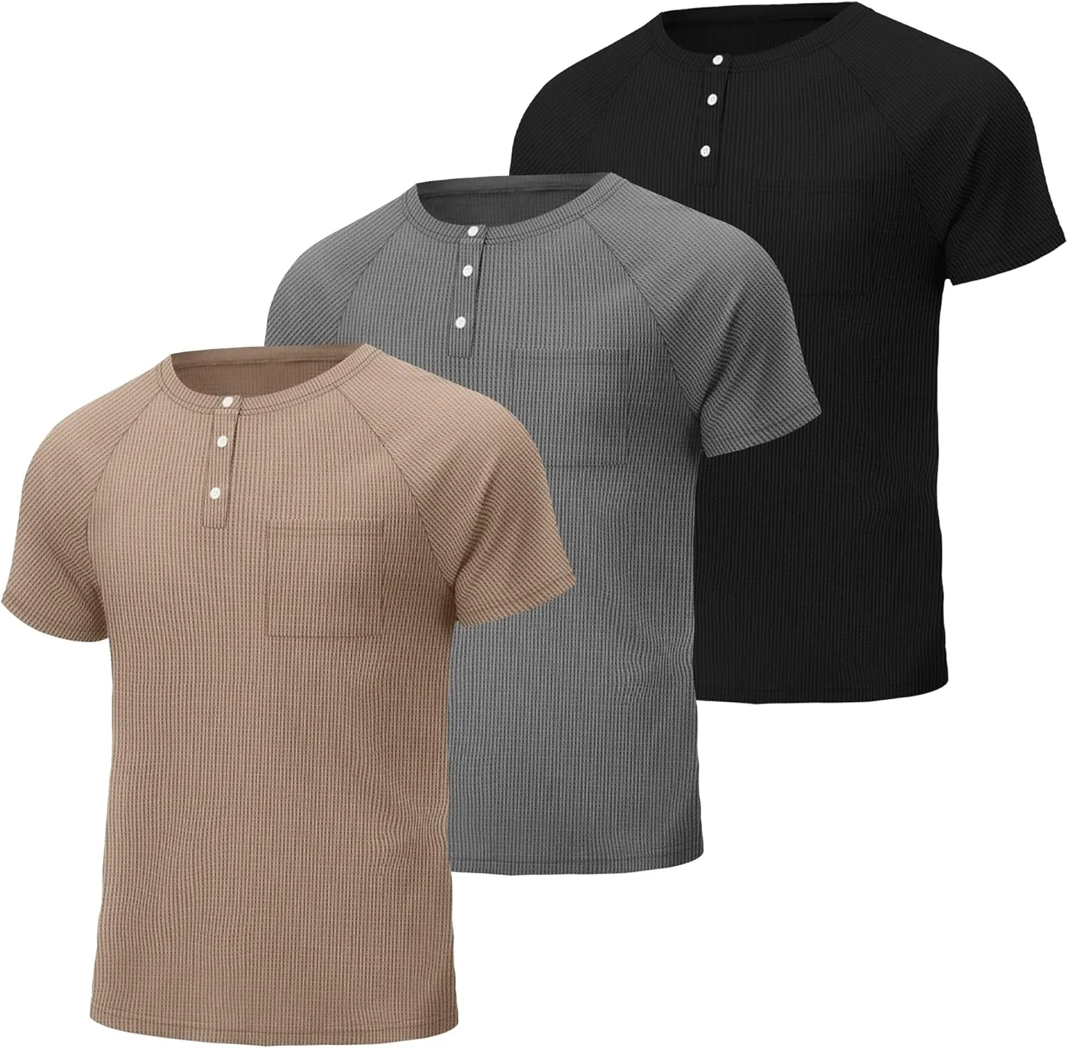 3 Pack Men's Waffle Knit Shirts Raglan Short Sleeve T Shirts with Pocket Casual Tops