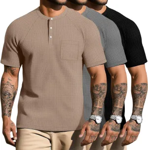 3 Pack Men's Waffle Knit Shirts Raglan Short Sleeve T Shirts with Pocket Casual Tops