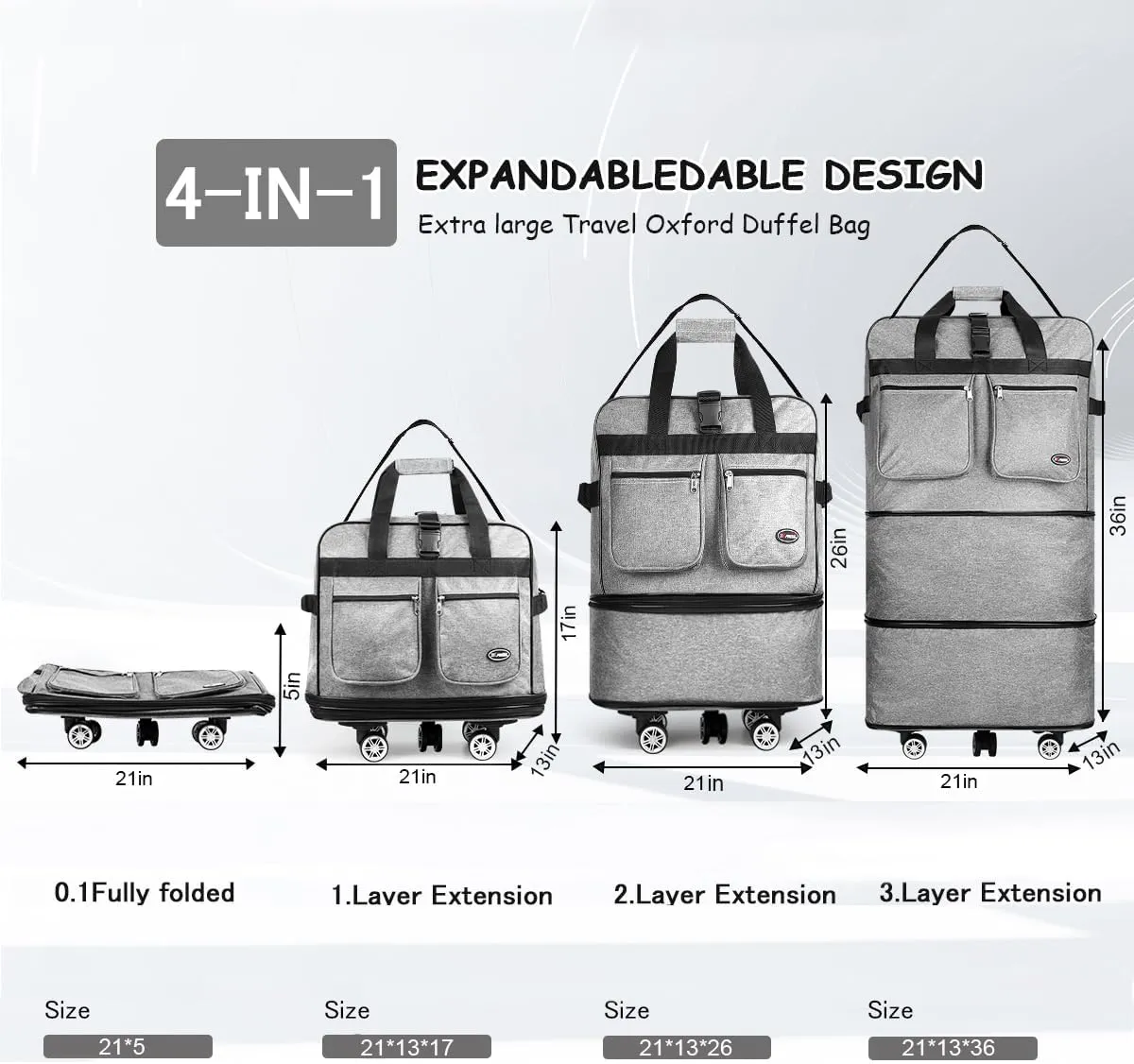 30''36''40''Rolling Duffle Bag with Wheels,Expandable Duffle Bag for Travel for Men Women,Foldable#36''Grey