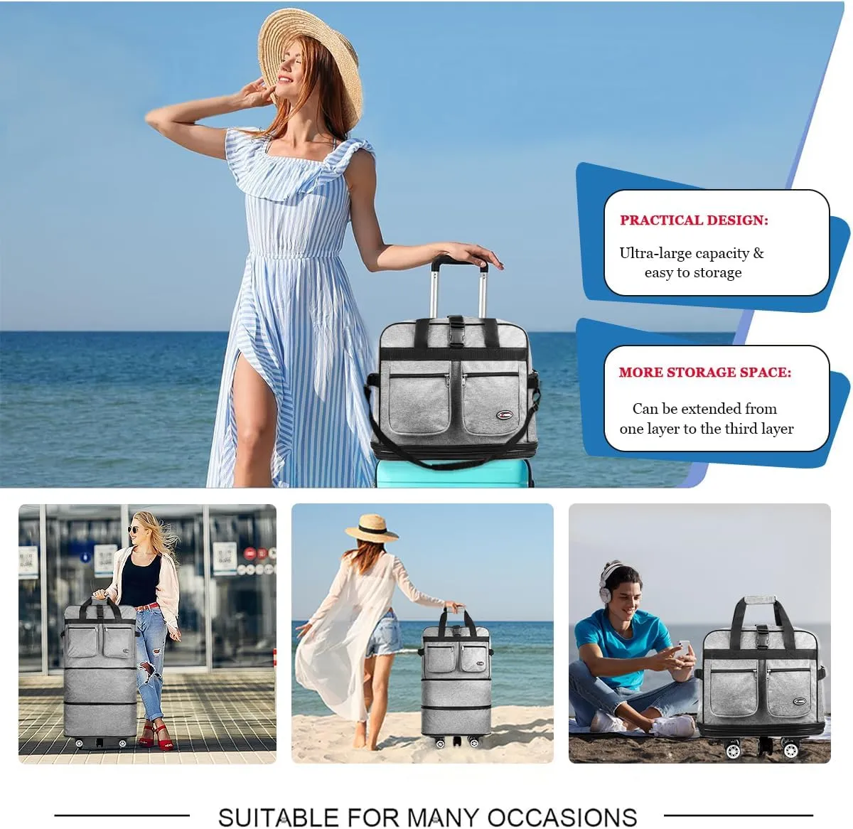 30''36''40''Rolling Duffle Bag with Wheels,Expandable Duffle Bag for Travel for Men Women,Foldable#36''Grey