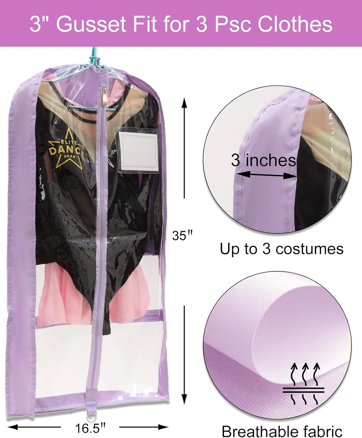 35" Costume Garment Bag with 3 Zipper Pockets for Suits Dress Cover, Travel & Competitions Protector, Dance Costumes, Girls Dress Recital Outfit Organizer, 3 Packs, Purple