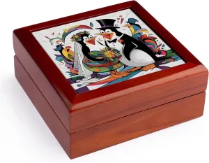 3dRose, Cute Funny Cool Penguin Birds Bride and Groom Wedding Abstract, Jewelry Box 5.5x5.5 inch with 4 inch tile