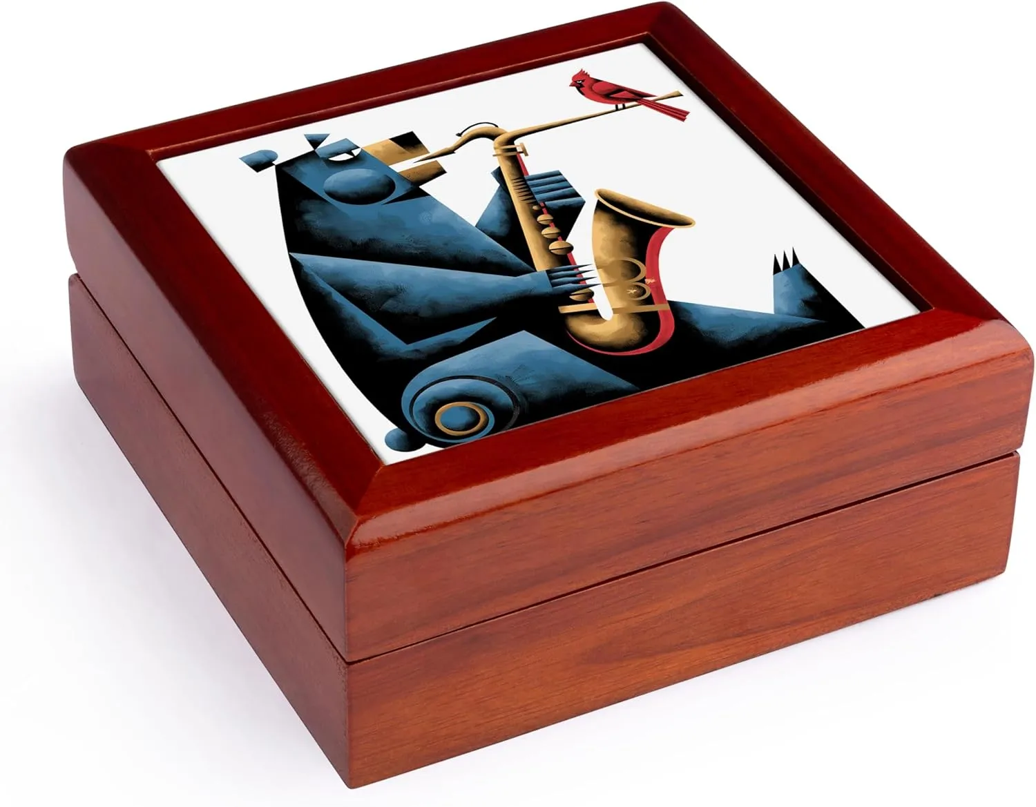 3dRose, Funny Cool Bear Playing Saxophone Jazz Music and Cardinal Abstract, Jewelry Box 5.5x5.5 inch with 4 inch tile