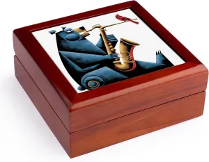 3dRose, Funny Cool Bear Playing Saxophone Jazz Music and Cardinal Abstract, Jewelry Box 5.5x5.5 inch with 4 inch tile