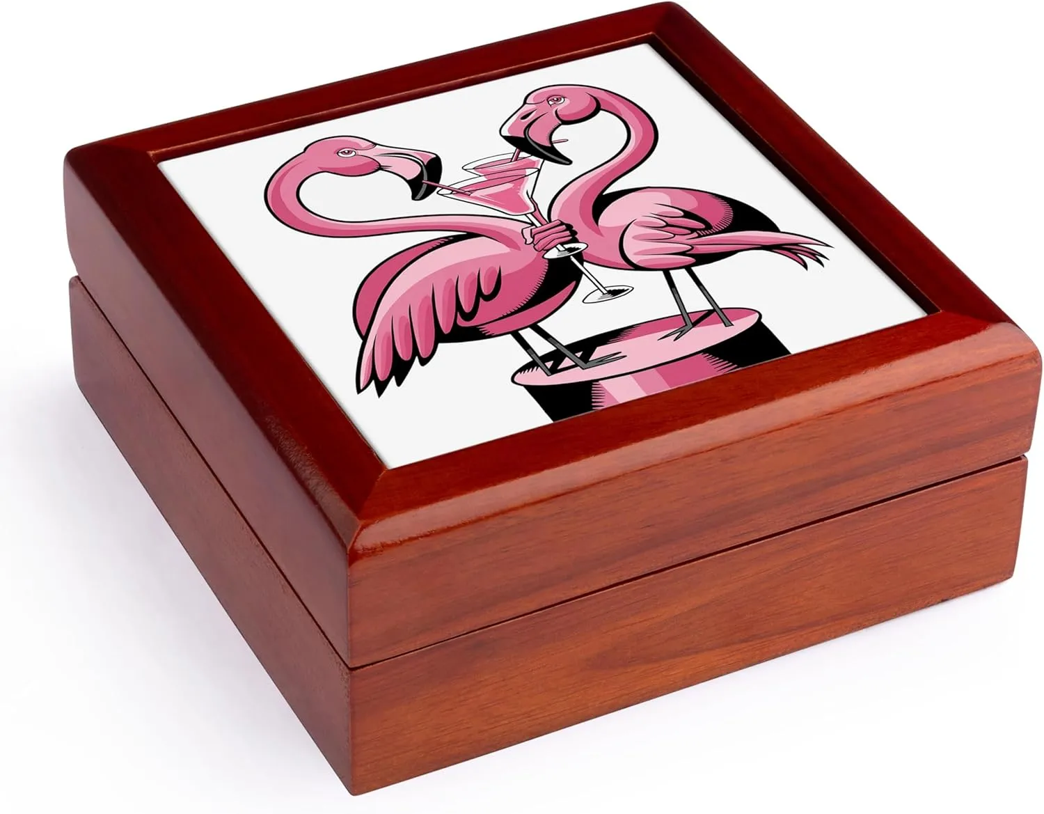 3dRose, Funny Cool Colorful Pink Flamingo Birds Drinking Martinis Abstract, Jewelry Box 5.5x5.5 inch with 4 inch tile