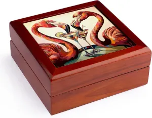 3dRose, Funny Cute Cool Pink Flamingos Drinking Martinis Beach Birds Abstract, Jewelry Box 5.5x5.5 inch with 4 inch tile
