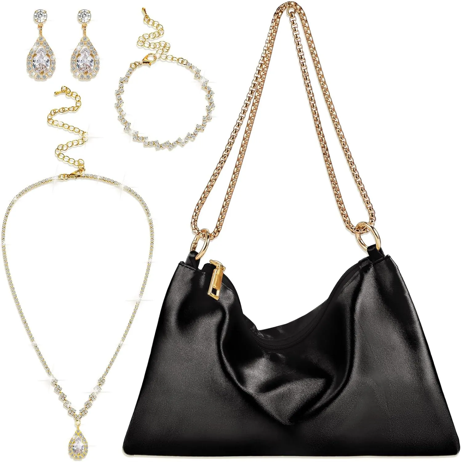 4 Pcs Satin Purse Jewelry Sets Woman Evening Handbag Wedding Shoulder Bag Purse for Prom Formal Cocktail Wedding Bride