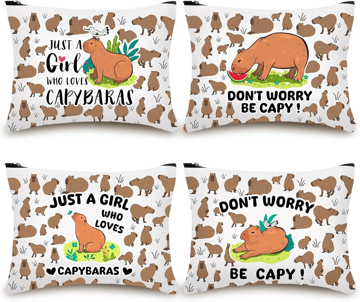 4PCS Kawaii Capybara Makeup Bag Cosmatic Cosmetic Bag Canvas Zipper Pouch Bag Travel Accessories Bag Capybara Lover Gift for Women Girls Appreciation Gifts Graduation Friendship Birthday Gifts