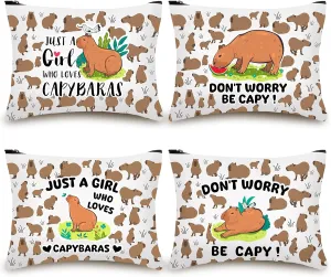 4PCS Kawaii Capybara Makeup Bag Cosmatic Cosmetic Bag Canvas Zipper Pouch Bag Travel Accessories Bag Capybara Lover Gift for Women Girls Appreciation Gifts Graduation Friendship Birthday Gifts