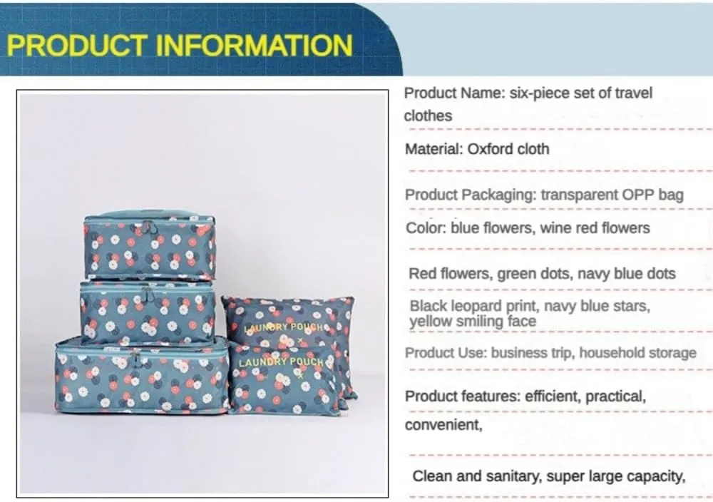 6PCS Waterproof Packing Cubes Travel Luggage Packing Organizer Pouch Clothes Storage Bag Suitcase for Toiletry (Red Flowers)