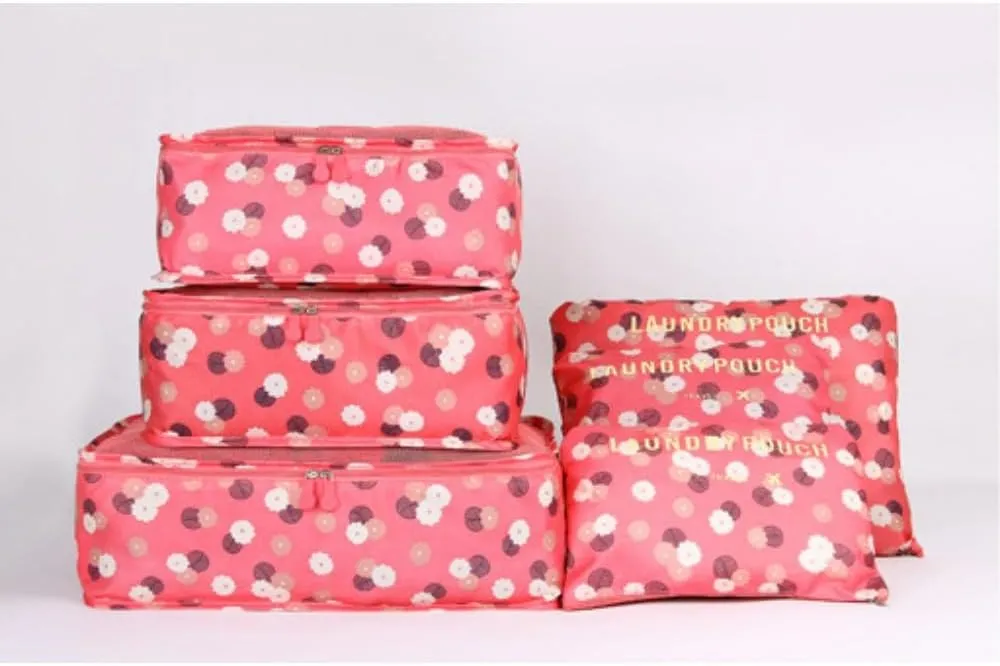 6PCS Waterproof Packing Cubes Travel Luggage Packing Organizer Pouch Clothes Storage Bag Suitcase for Toiletry (Red Flowers)
