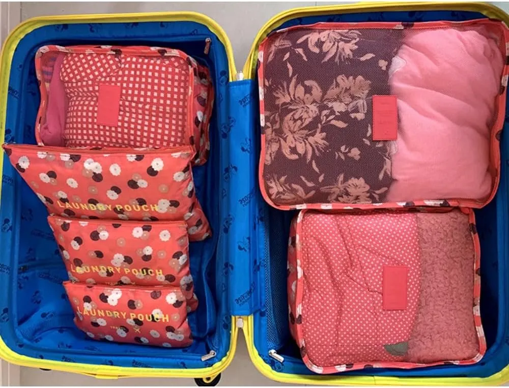 6PCS Waterproof Packing Cubes Travel Luggage Packing Organizer Pouch Clothes Storage Bag Suitcase for Toiletry (Red Flowers)