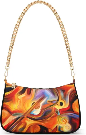 Abstract Guitar Melody Shoulder Handbags for Women Travel Hobo Tote Handbag Women Gold Chain Shoulder Bags Purse with Zipper Closure