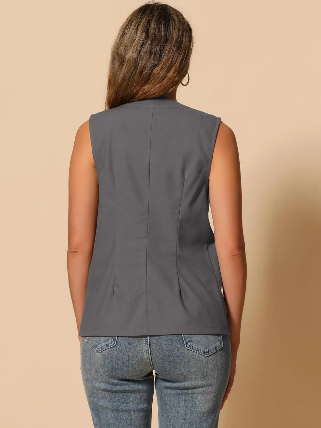 Allegra K Cotton Linen Vest for Women's Casual V Neck Button Down Sleeveless Jacket