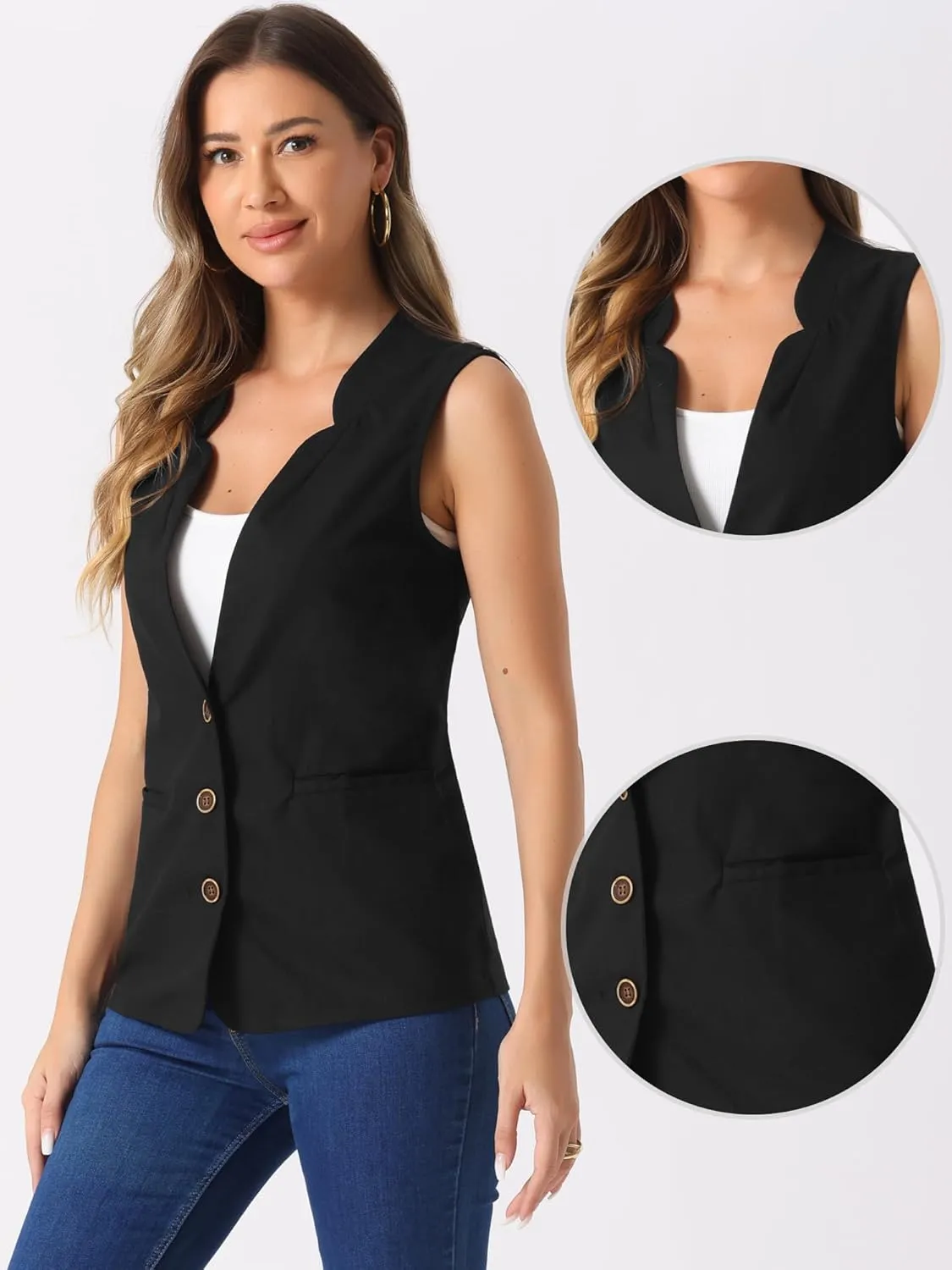 Allegra K Cotton Linen Vest for Women's Casual V Neck Button Down Sleeveless Jacket