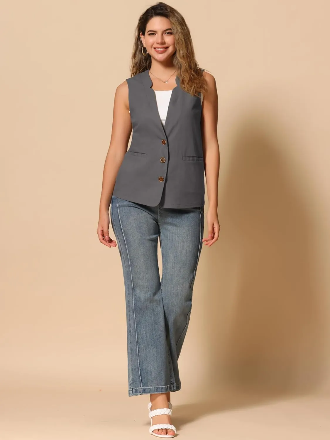 Allegra K Cotton Linen Vest for Women's Casual V Neck Button Down Sleeveless Jacket
