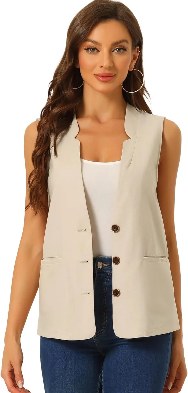 Allegra K Cotton Linen Vest for Women's Casual V Neck Button Down Sleeveless Jacket