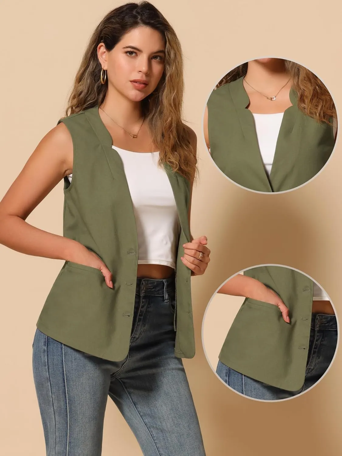 Allegra K Cotton Linen Vest for Women's Casual V Neck Button Down Sleeveless Jacket