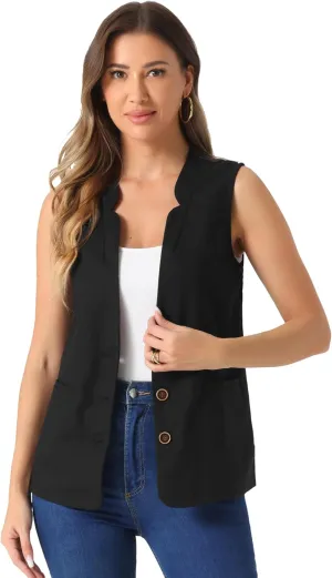 Allegra K Cotton Linen Vest for Women's Casual V Neck Button Down Sleeveless Jacket
