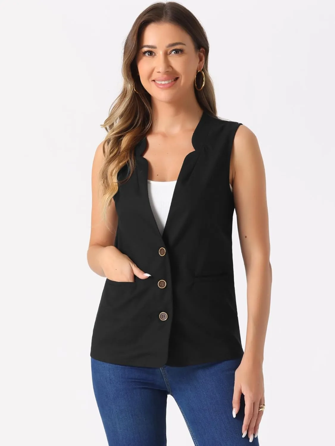 Allegra K Cotton Linen Vest for Women's Casual V Neck Button Down Sleeveless Jacket