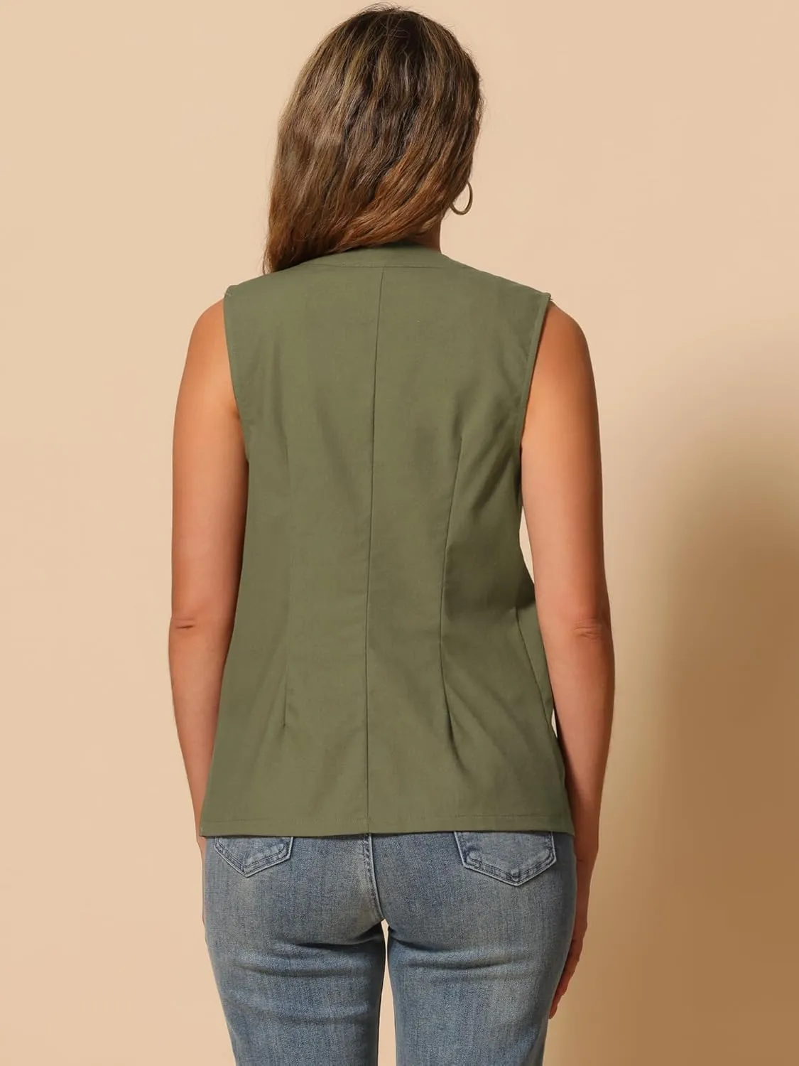 Allegra K Cotton Linen Vest for Women's Casual V Neck Button Down Sleeveless Jacket