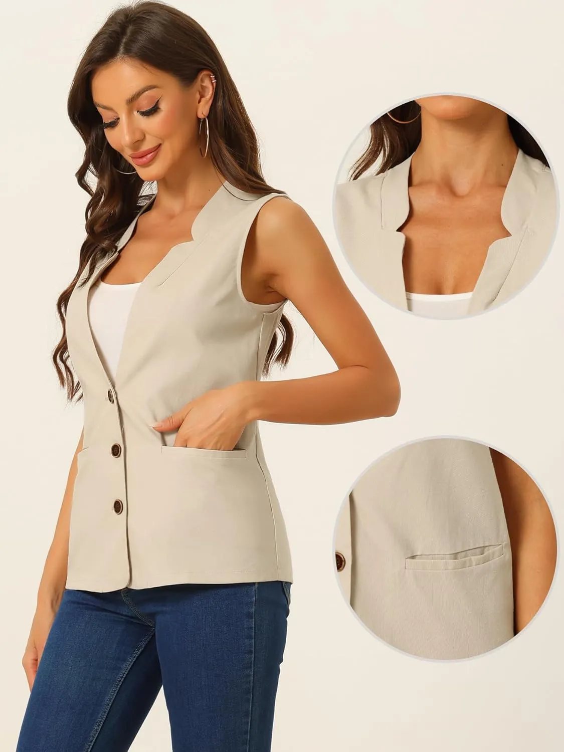 Allegra K Cotton Linen Vest for Women's Casual V Neck Button Down Sleeveless Jacket