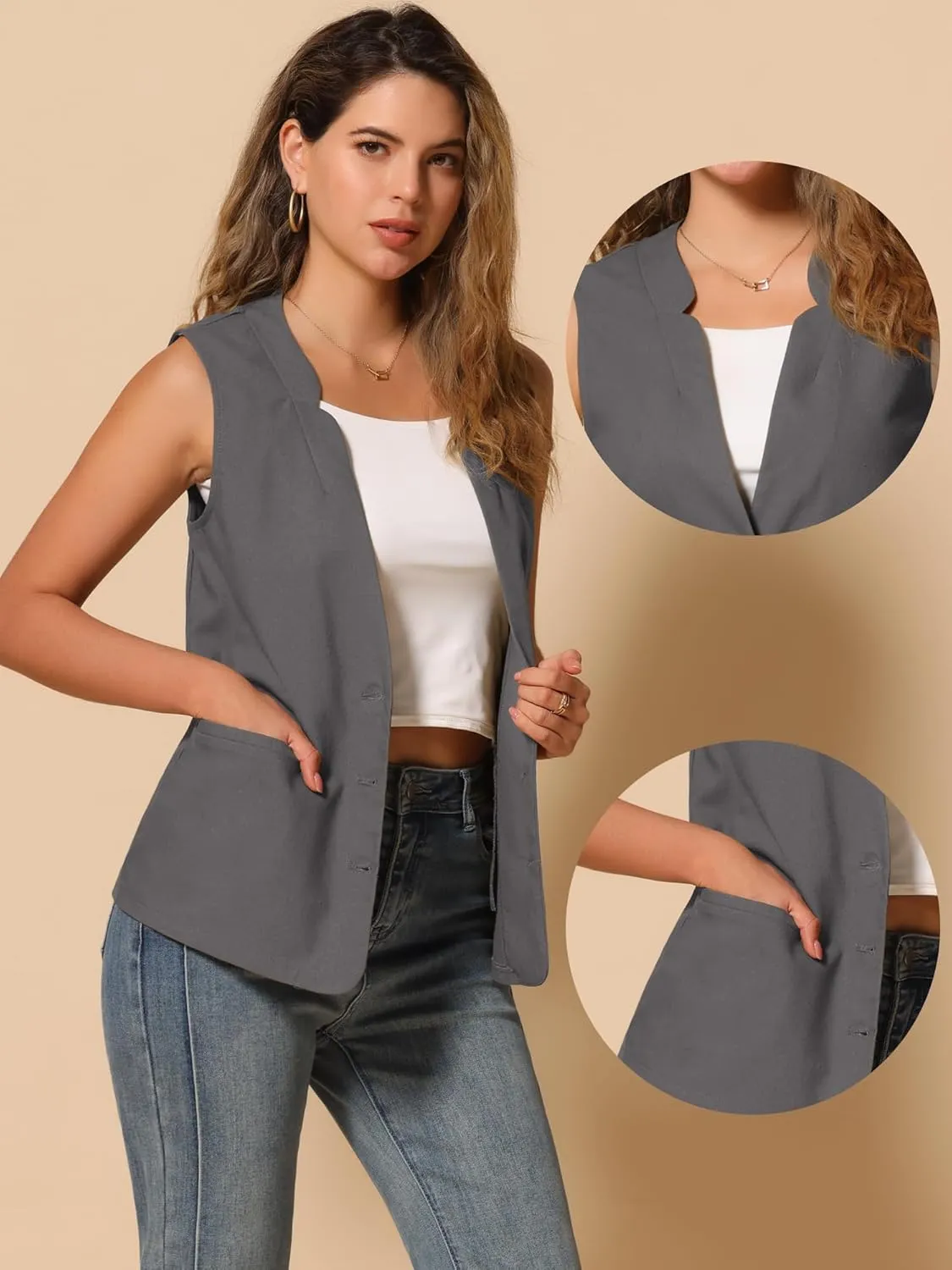Allegra K Cotton Linen Vest for Women's Casual V Neck Button Down Sleeveless Jacket