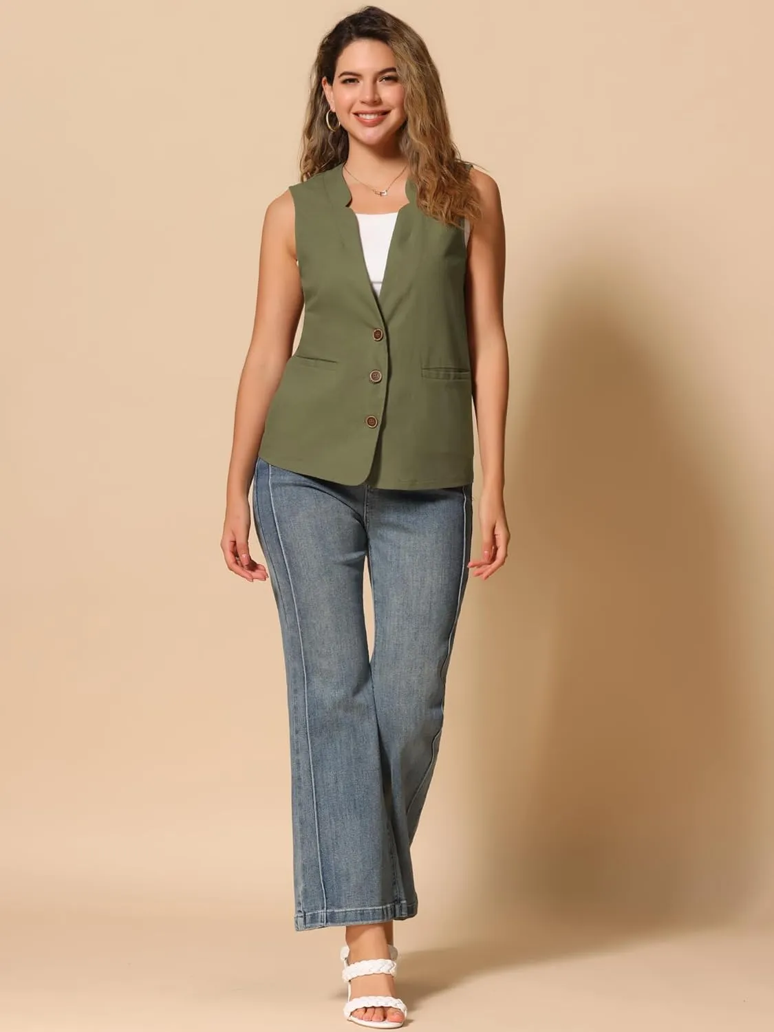 Allegra K Cotton Linen Vest for Women's Casual V Neck Button Down Sleeveless Jacket
