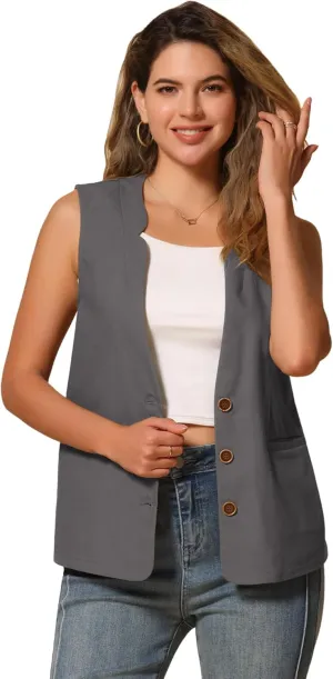 Allegra K Cotton Linen Vest for Women's Casual V Neck Button Down Sleeveless Jacket