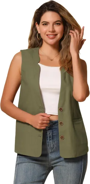 Allegra K Cotton Linen Vest for Women's Casual V Neck Button Down Sleeveless Jacket