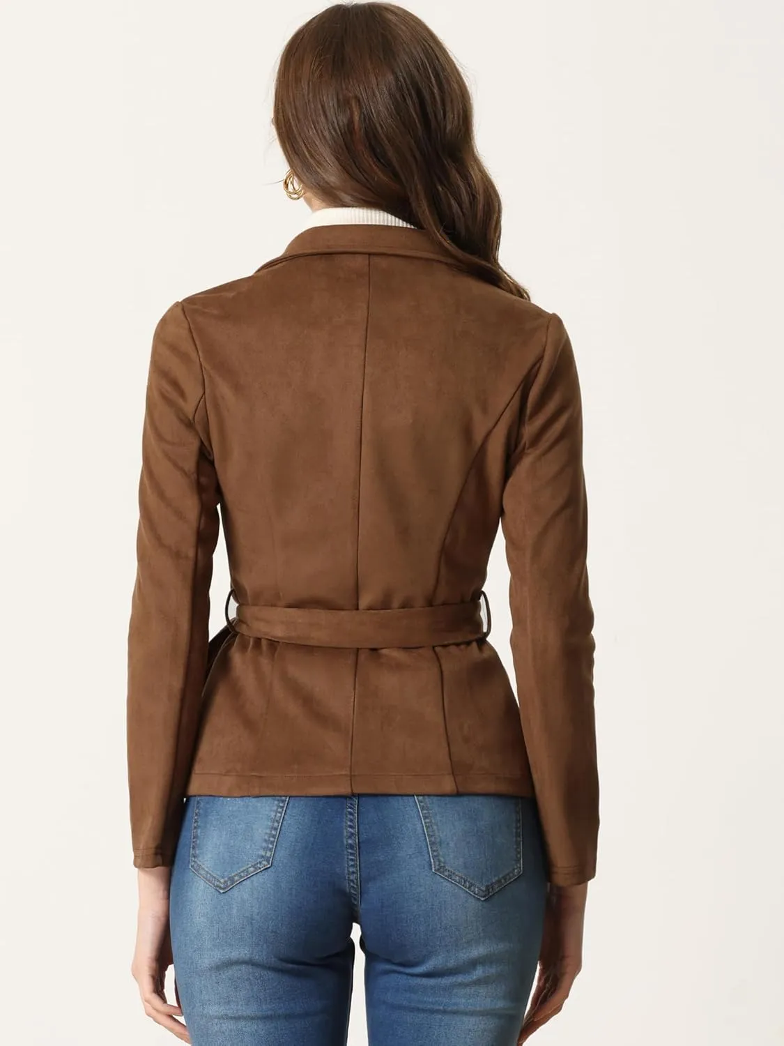 Allegra K Faux Suede Jacket for Women's Lapel Collar Long Sleeves Belted Office Dressy Blazer