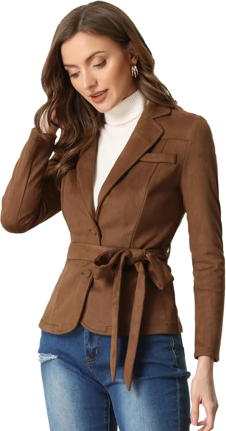 Allegra K Faux Suede Jacket for Women's Lapel Collar Long Sleeves Belted Office Dressy Blazer