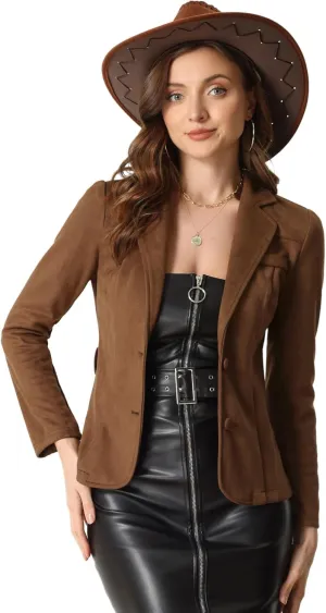 Allegra K Faux Suede Jacket for Women's Lapel Collar Long Sleeves Belted Office Dressy Blazer