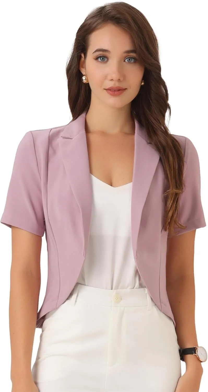 Allegra K Women's Business Casual Lapel Short Sleeve Open Front Cropped Work Office Blazer