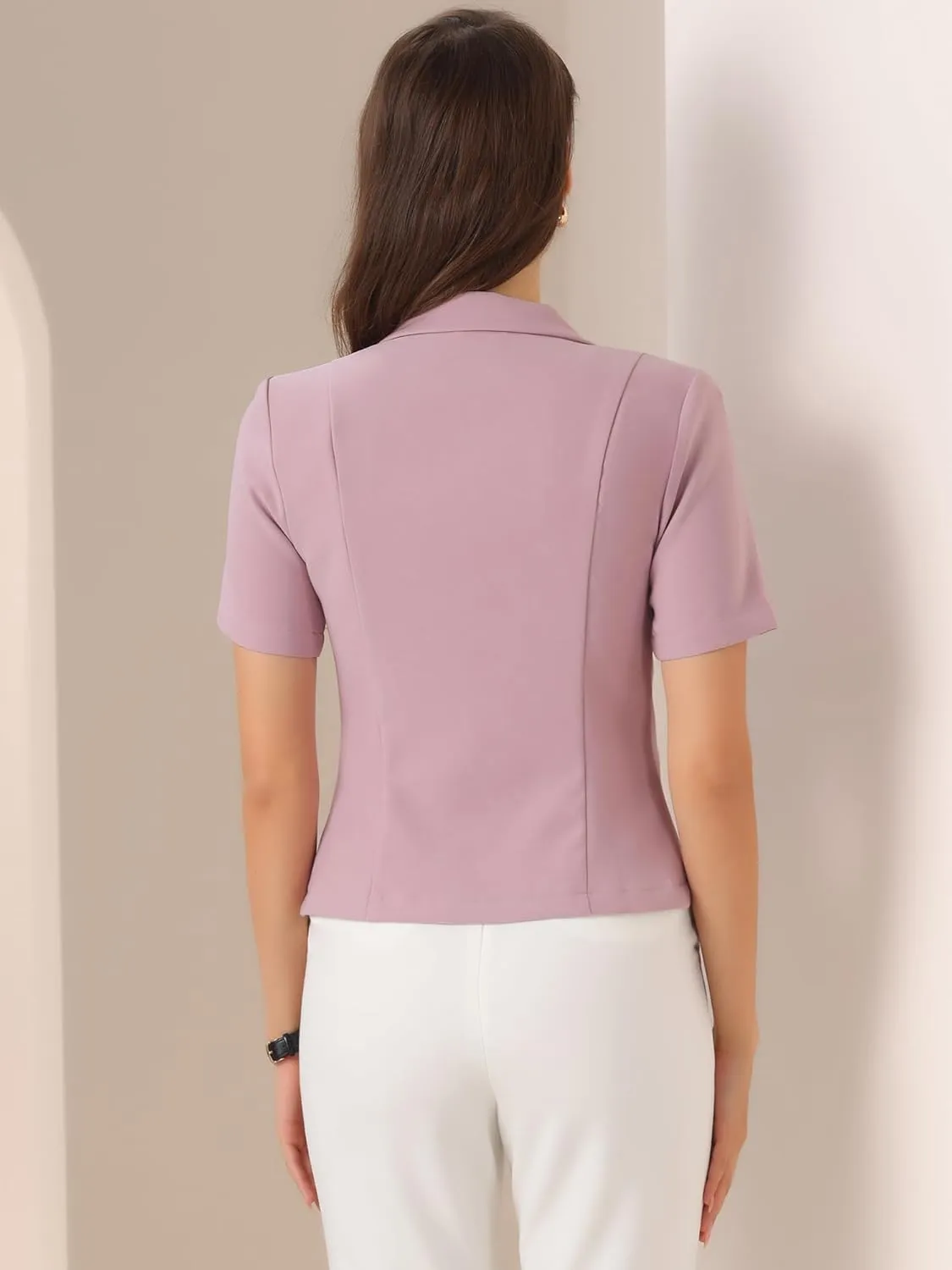 Allegra K Women's Business Casual Lapel Short Sleeve Open Front Cropped Work Office Blazer