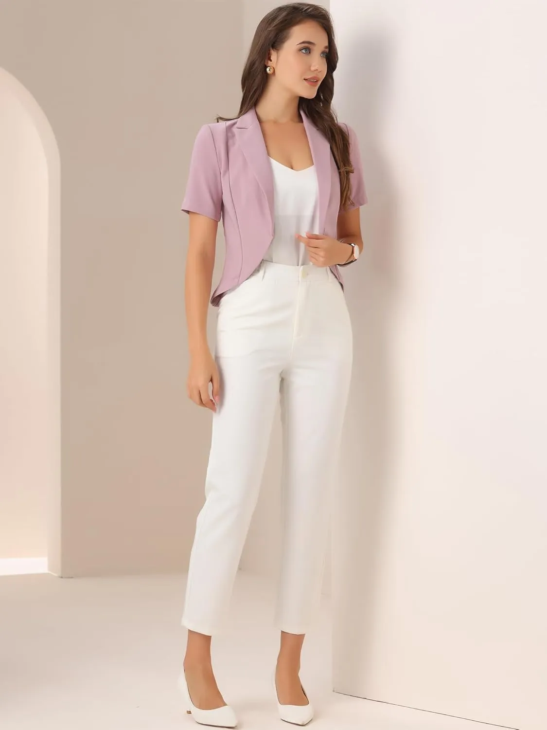 Allegra K Women's Business Casual Lapel Short Sleeve Open Front Cropped Work Office Blazer