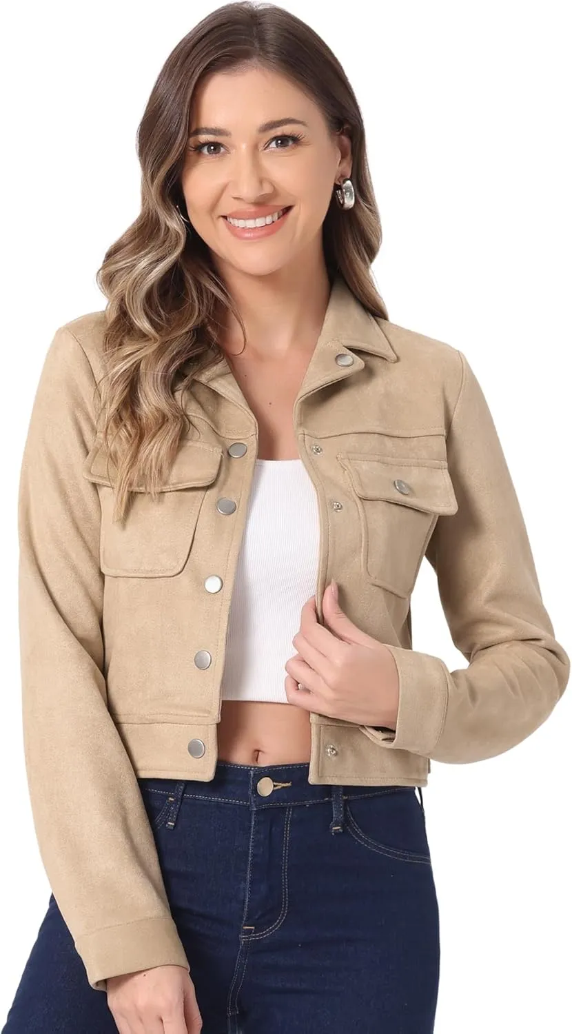 Allegra K Women's Faux Suede Jacket Button Down Collar Pockets Crop Moto Biker Coat