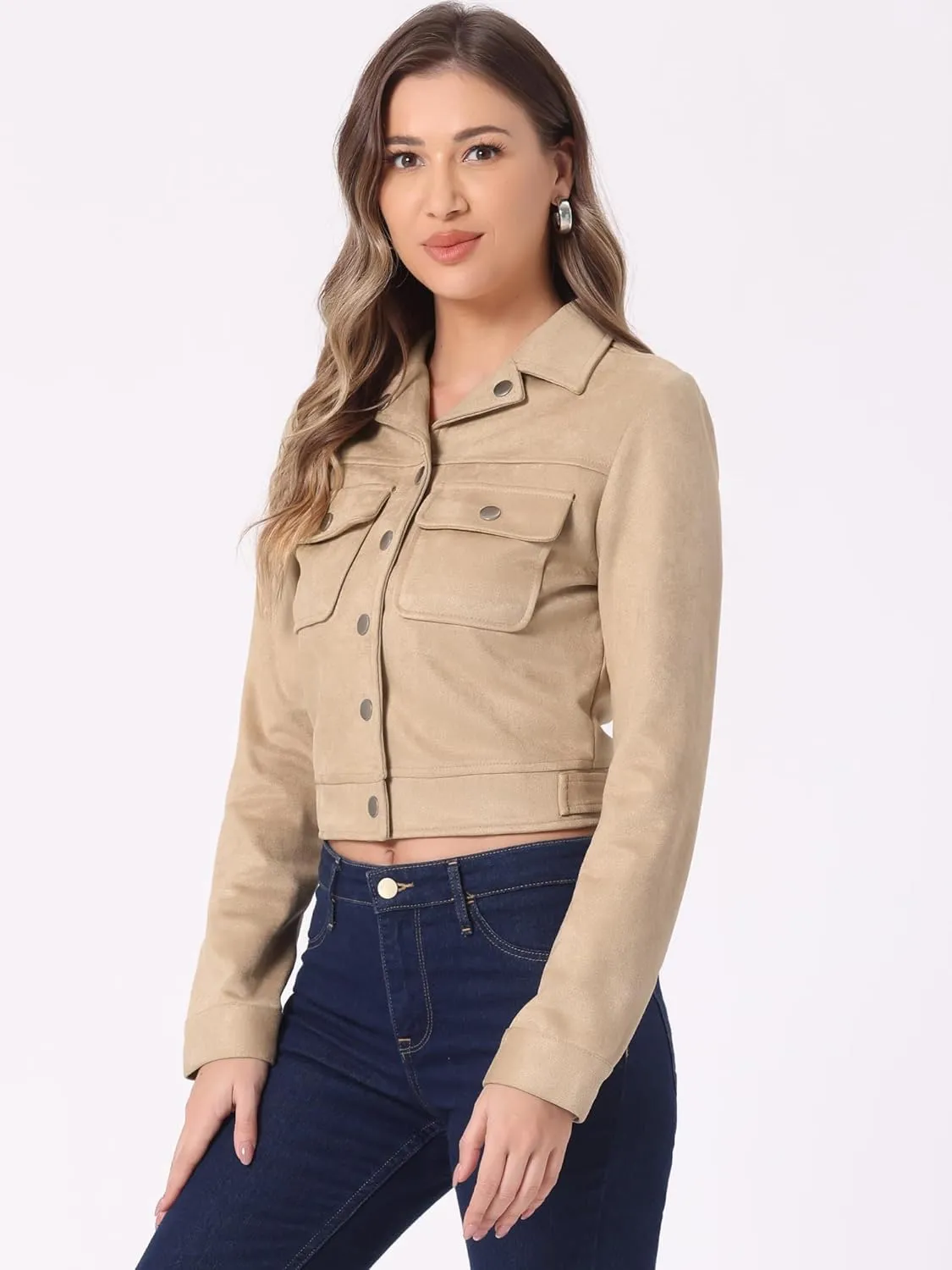 Allegra K Women's Faux Suede Jacket Button Down Collar Pockets Crop Moto Biker Coat