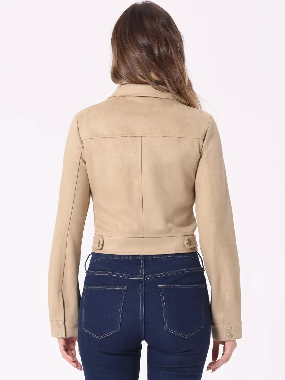 Allegra K Women's Faux Suede Jacket Button Down Collar Pockets Crop Moto Biker Coat