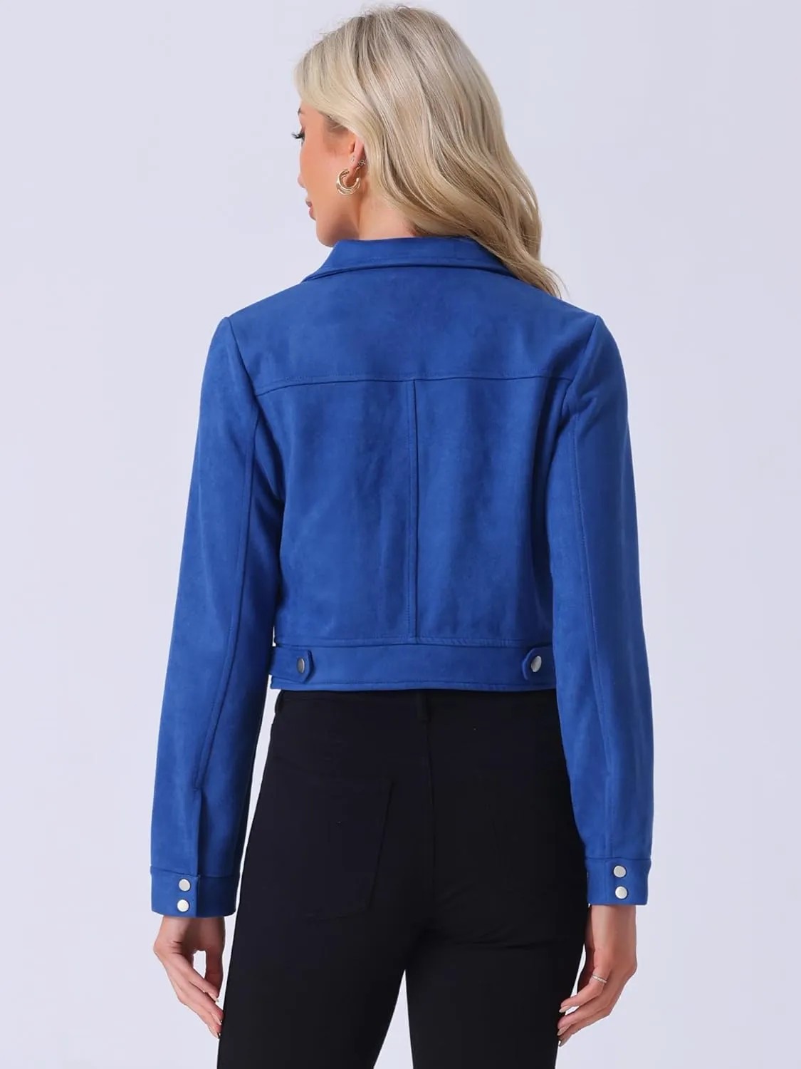 Allegra K Women's Faux Suede Jacket Button Down Collar Pockets Crop Moto Biker Coat