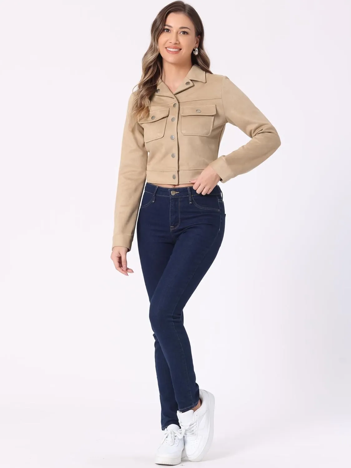 Allegra K Women's Faux Suede Jacket Button Down Collar Pockets Crop Moto Biker Coat