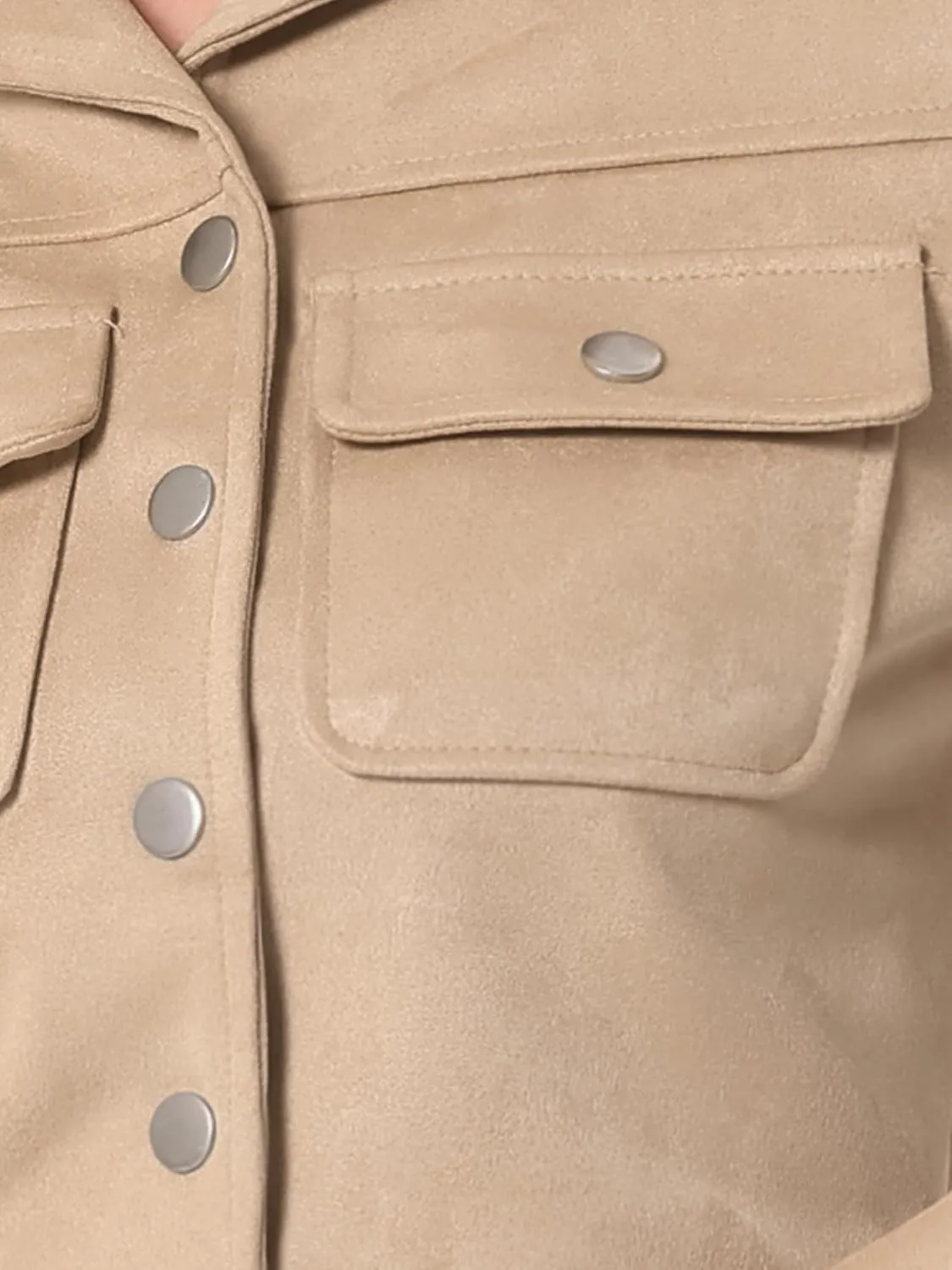 Allegra K Women's Faux Suede Jacket Button Down Collar Pockets Crop Moto Biker Coat