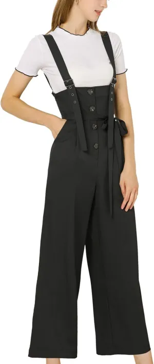 Allegra K Women's Wide Leg Overalls Loose Fit Belted High Waist Suspenders Jumpsuits