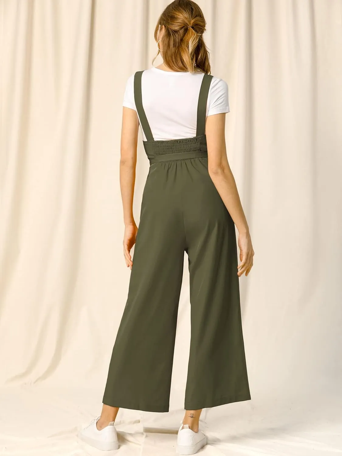Allegra K Women's Wide Leg Overalls Loose Fit Belted High Waist Suspenders Jumpsuits