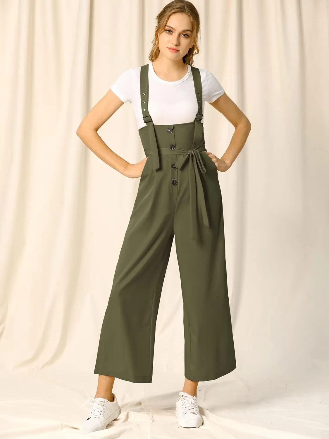 Allegra K Women's Wide Leg Overalls Loose Fit Belted High Waist Suspenders Jumpsuits