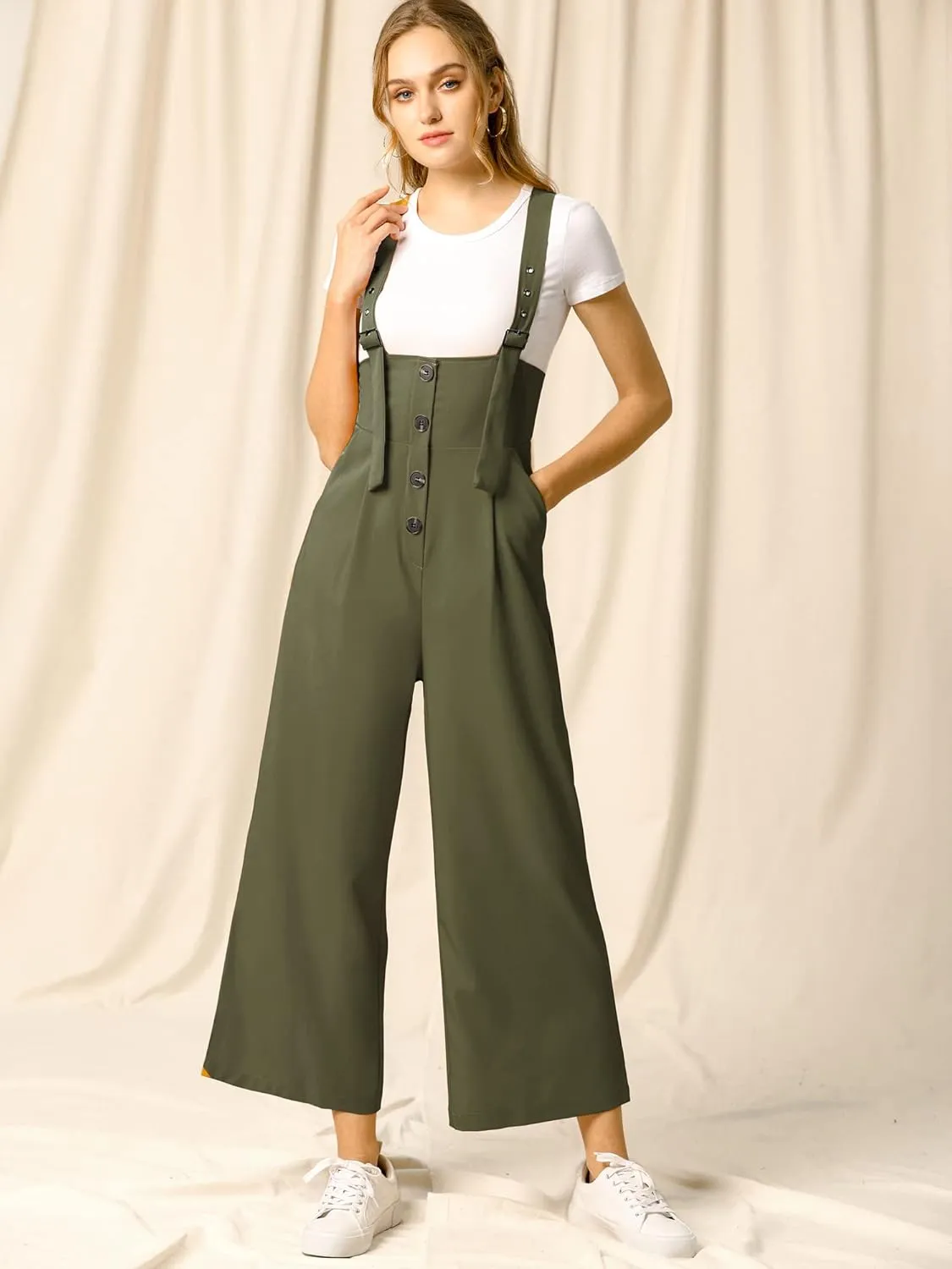 Allegra K Women's Wide Leg Overalls Loose Fit Belted High Waist Suspenders Jumpsuits